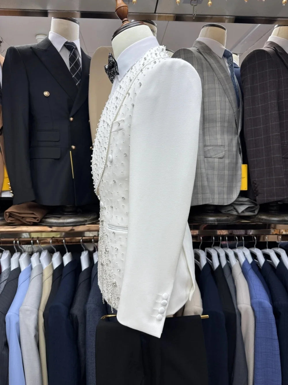 Men Suits Rhinestone Tailor-Made 2 Pieces Beaded Shawl Lapel Jacket Tassel Blazer Double Breasted Groom Customized Coat Pants