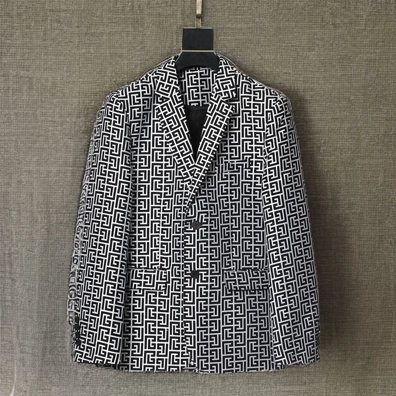 Men's Black White Geometric Pattern Blazer Two Button Long Sleeve Notched Lapel