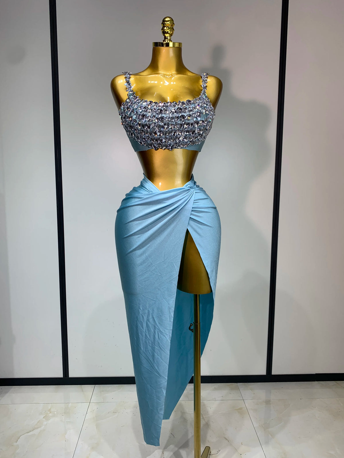 Women Sexy Sparkly Rhinestone Two Pieces Set Stretched Nightclub Skirt Suits Birthday Singer Dancer Stage Performance Costume