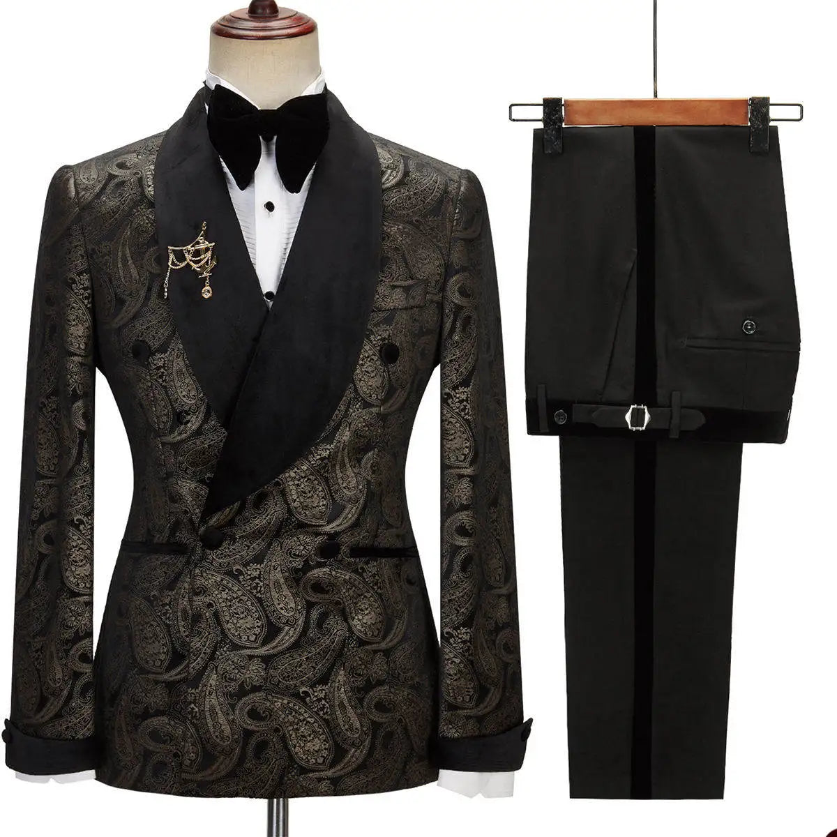 Retro Men Suits Jacquard Shawl Lapel Blazer 2 Pieces Set Double Breasted Celebrity Tuxedo Groom Coat Customized Jacket Pants
