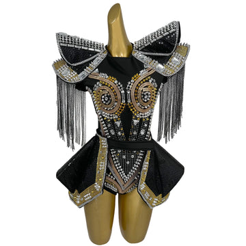 Sexy Rivets Diamonds Sequins Tassel Bodysuits Stage Performance Short Jumpsuit Night Club Exotic Dancer Outfits Women