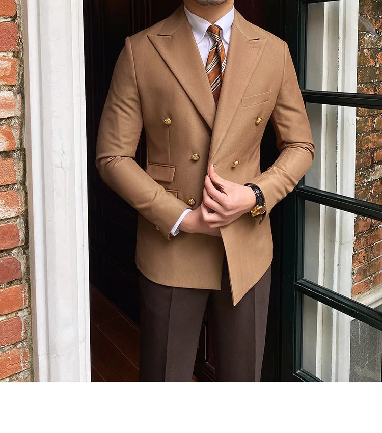 Blazer de estilo británico para hombre, traje ajustado de dos piezas con doble botonadura, color liso, informal y moderno.
