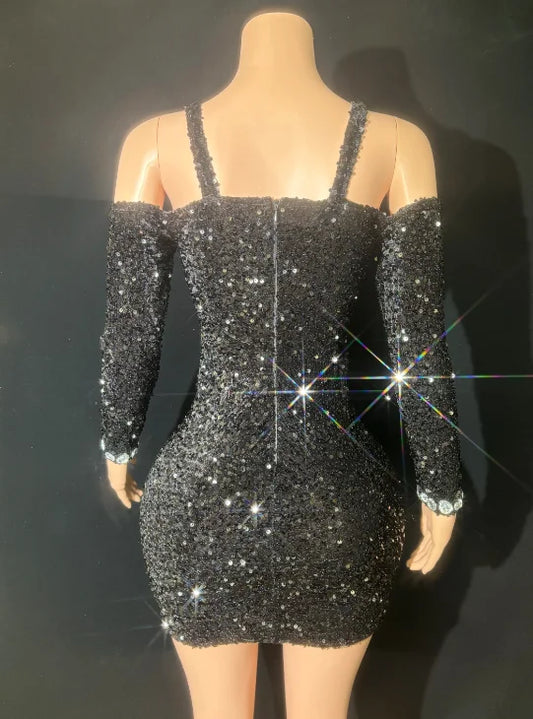 Sexy Rhinestones Black Sequins Hollow Out Off-The-Shoulder Dress Evening Party Performance Costume Singer Dancer Stage Dress