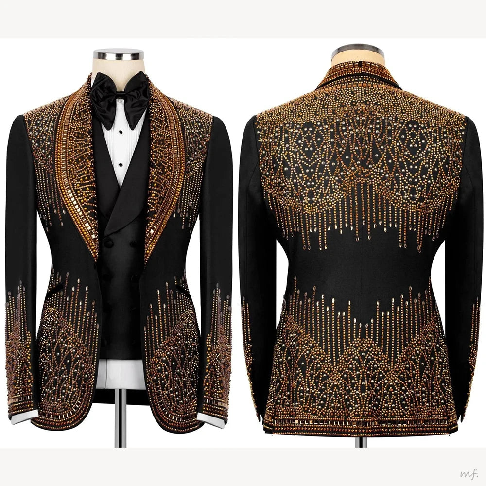 Luxury Beads Men Suits 2 Piece Peaked Lapel Single Breasted Wedding Groom Tuxedos Slim Fit Formal Prom Blazer Custom Made