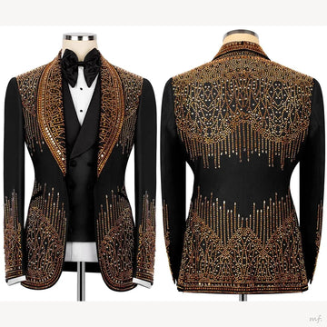 Luxury Beads Men Suits 2 Piece Peaked Lapel Single Breasted Wedding Groom Tuxedos Slim Fit Formal Prom Blazer Custom Made