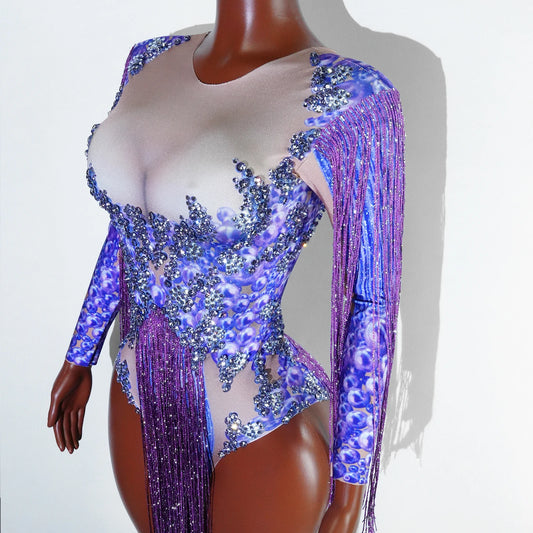 Sparkling Purple Rhinestone Fringed Print Leotard Bodysuit Birthday Party Dance Costume Singer Drag Queen Performance Outfit