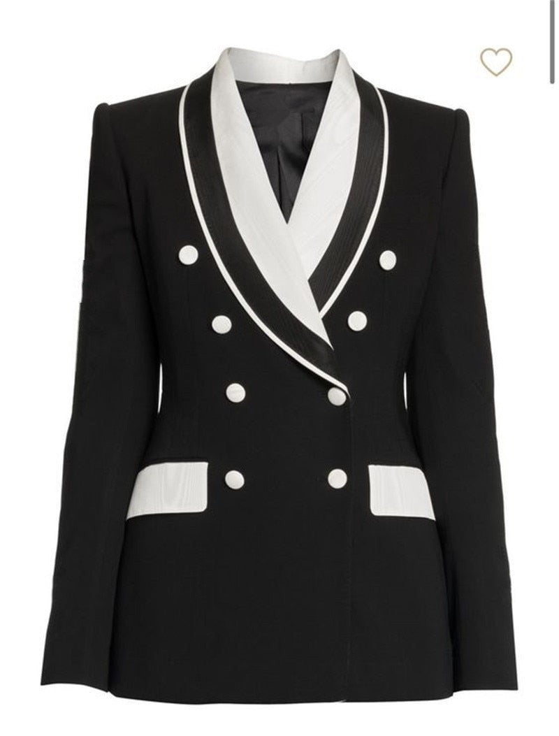 Costume de créateur pour femme, blazer, coutures colorées, croisé, formel, bureau, robe de bal, sur mesure, noir et blanc 