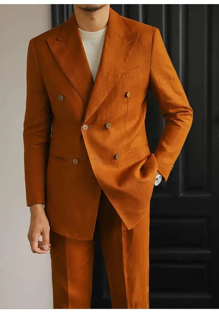 Luxury Linen Double Breasted Italian Suit for Men's Versatile Slim Fit Business Lapel Collar Retro Suit