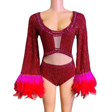 Sparkly Rhinestones Bodysuit Feathers Big Sleeve for Women Sexy Performance Dance Costume Singer Dancer Leotard Show Stage Wear