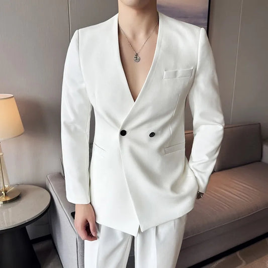 Stylish Men's Suit Coat Collarless V-Neck Solid High Quality Wear Style Slim Fit Blazer Jacket Male Black White Blue