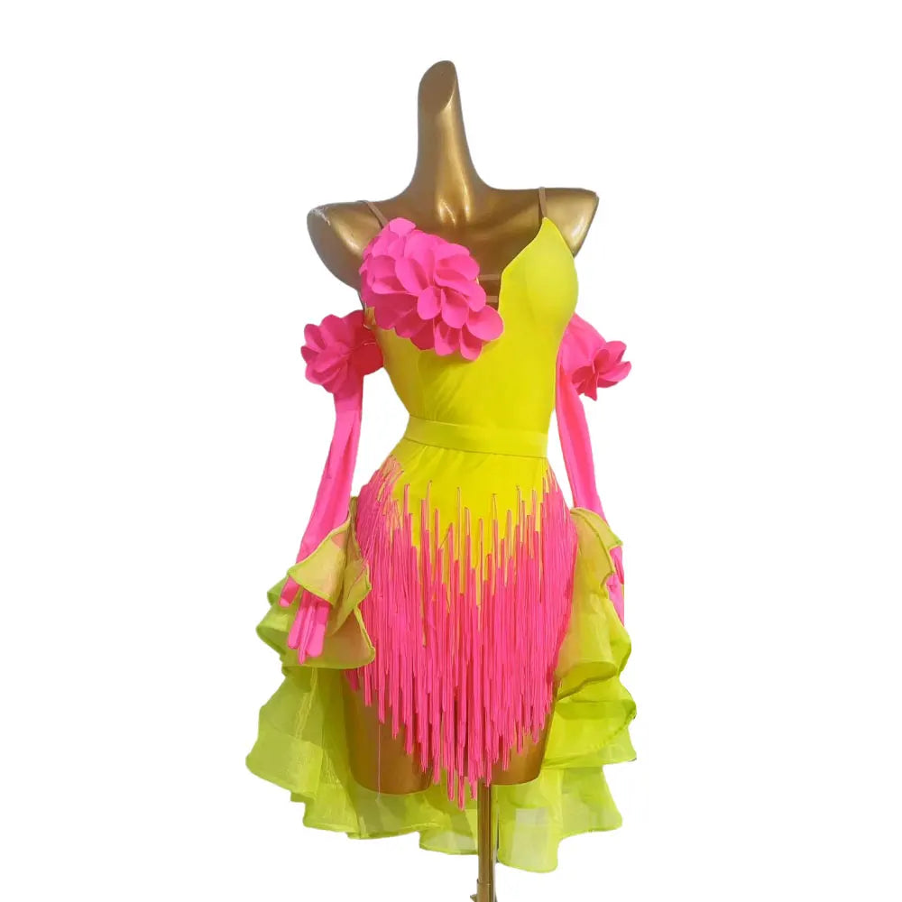 Latin Dance Costume, Rhinestone Women's Clothing, High-end Custom Splicing Color, Blooming Flower Dress, Samba Performance Dress