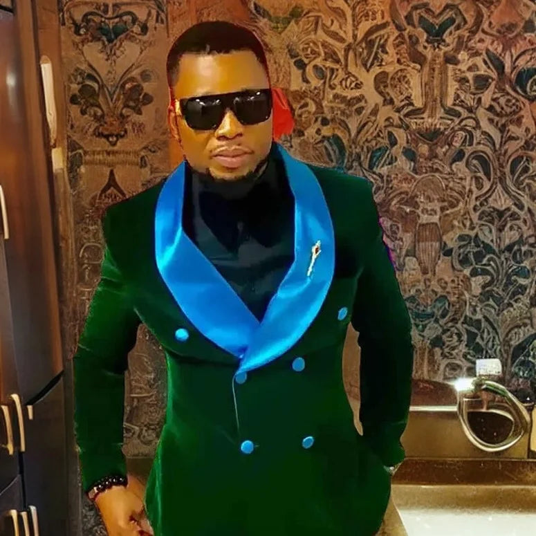 Men's Green Velvet Double Breasted Blazer with Satin Blue Lapel and Gold Brooch