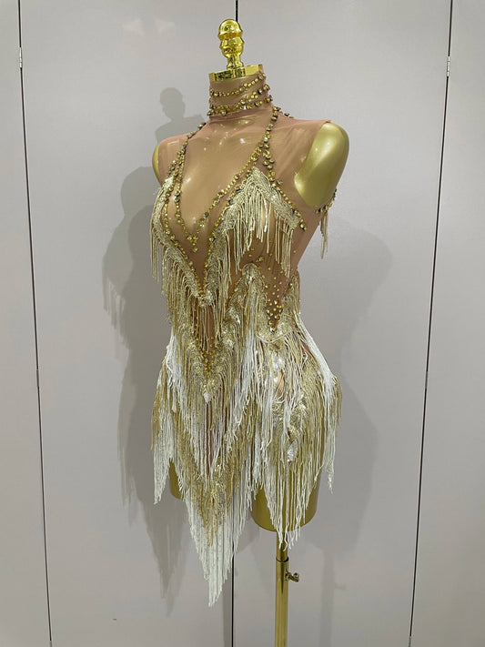 Robe courte sexy en maille extensible pour femme, avec strass scintillants et pompons, tenue de soirée pour boîte de nuit, chanteuse, danse, scène