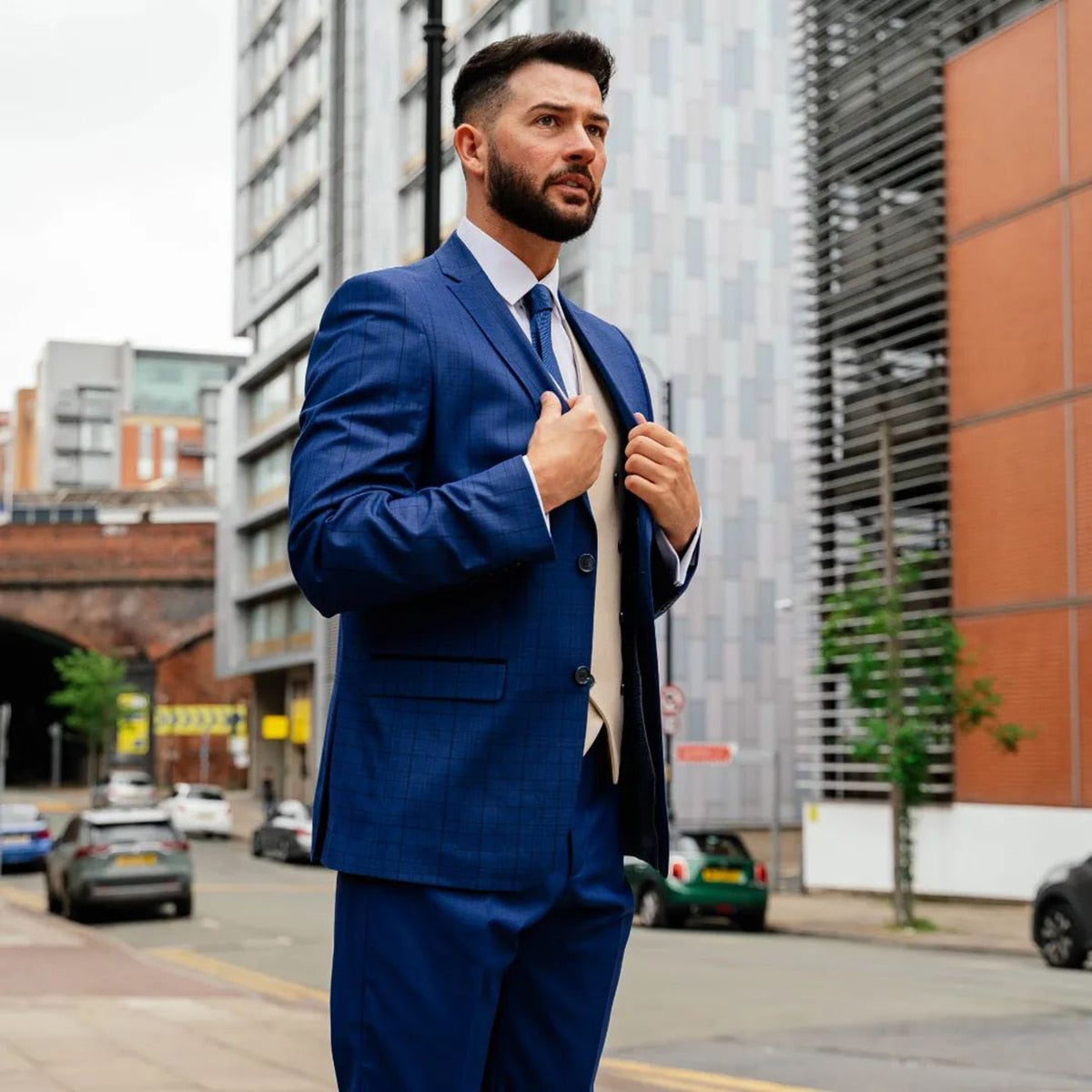 Costume 2 pièces bleu marine pour homme, blazer et pantalon, simple boutonnage, revers en pointe, motif écossais, rayures, costume de marié sur mesure pour homme 