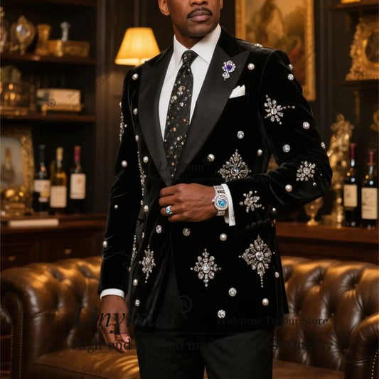 Shiny Diamond Ornament Men Suits Slim Fit Tuxedos 2 Pieces Groom Male Prom Blazers Customized Wedding Trajes Para Hombre