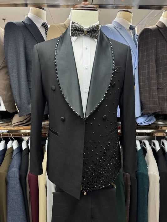 Men's Suit Beaded Shawl Lapel Blazer Simple 2 Pieces Set Coat Rhinestone One Button Prom Formal Occasion Customized Jacket Pants