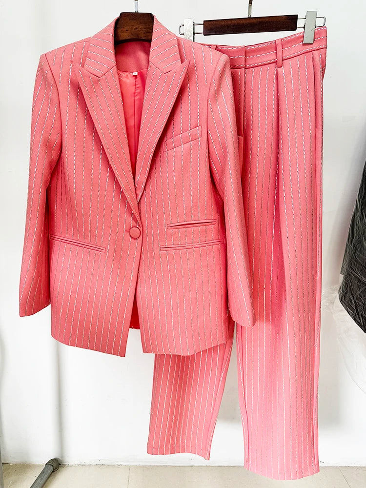 Suit Set Women's Single Button Striped Diamonds Blazer Pants Suit 2PCS