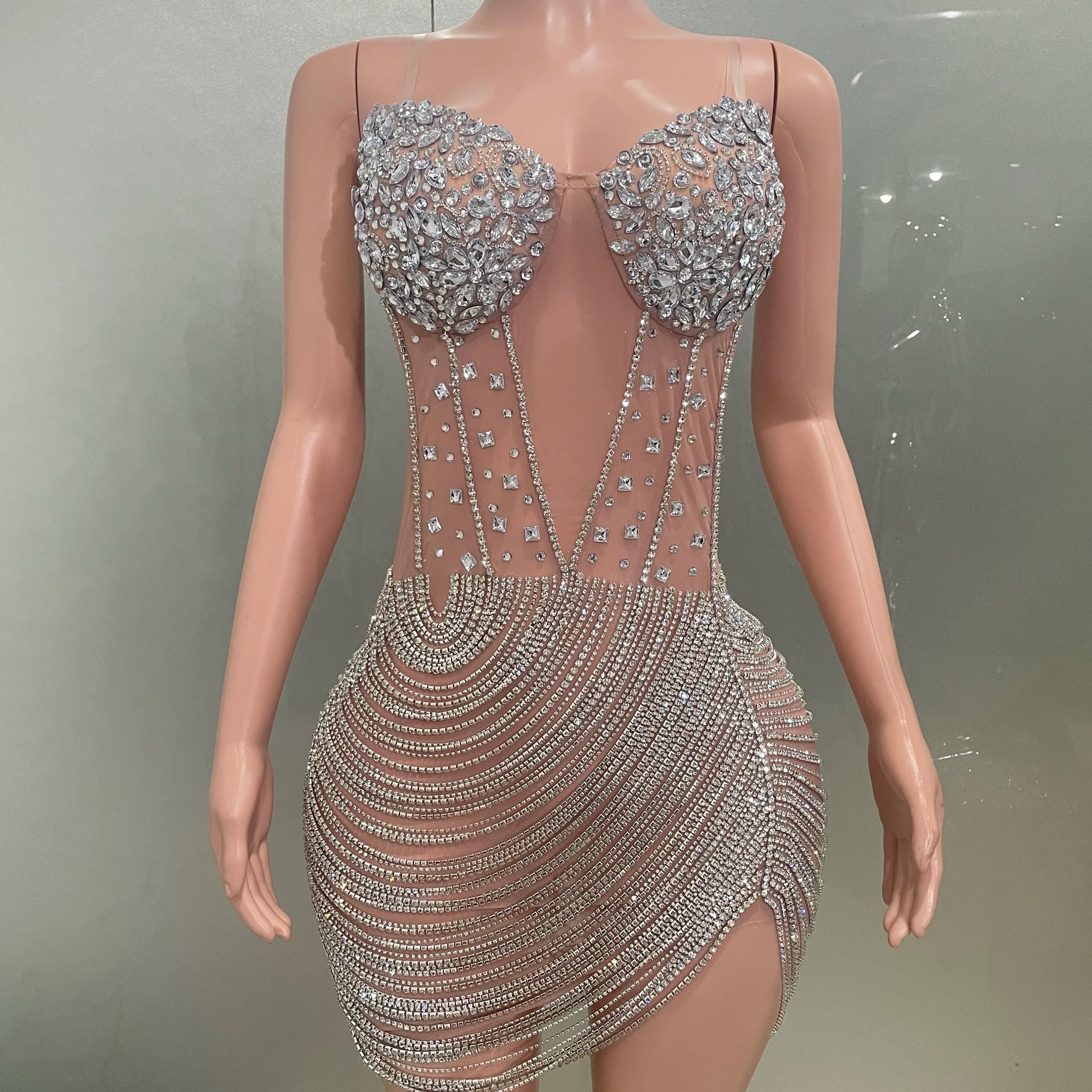 Vestido tubo de malla sin tirantes, sexy, con borlas y cadena de diamantes de imitación brillantes, para mujer, ideal para fiestas de cumpleaños y escenarios nocturnos.