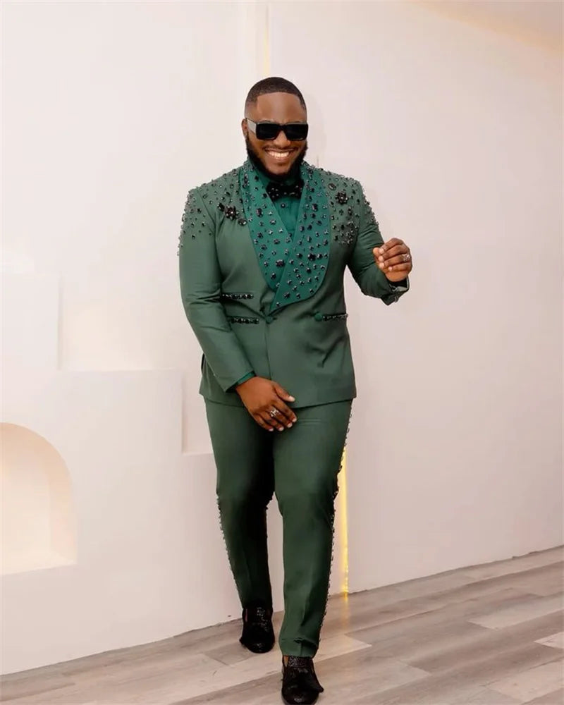 Green Men Suits Set 2 Pcs Crystals Blazer+Pant Trousers Wedding Tuxedos Cotton Formal Office Groom Prom Jacket Business Coat