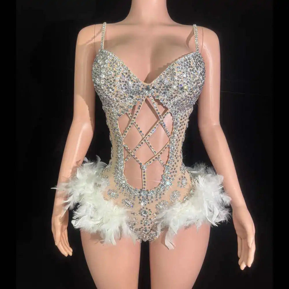 Sparkly Rhinestones Feathers Bodysuit for Women Sexy Hollow Slip Performance Dance Costume Singer Dancer Stage Wear Party Outfit