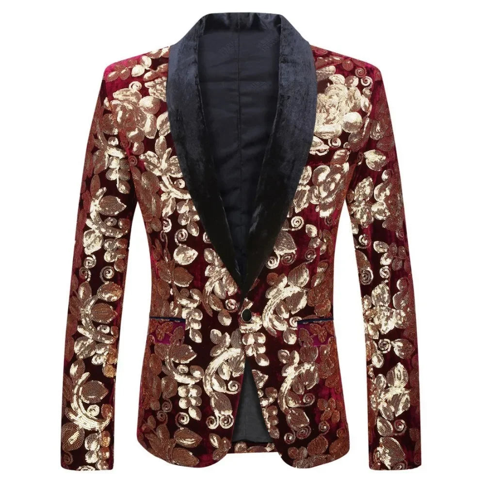 Blazer + pantalón) Traje de hombre de moda ajustado burdeos con lentejuelas de terciopelo para boda, vestido de novio, conjunto de 2 piezas