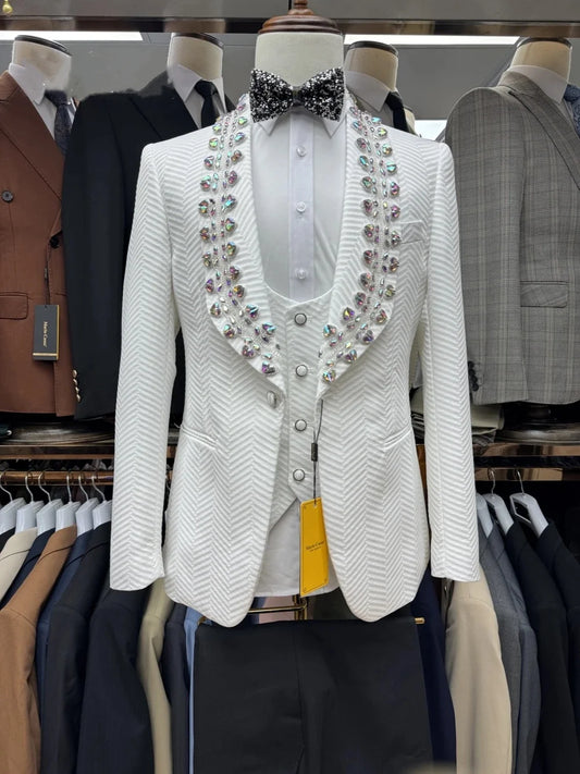 Elegant Men Suits Crystal Tailor-Made 3 Pieces Shawl Lapel Jacket Beading Blazer One Button Groom Customized Coat Vest Pants
