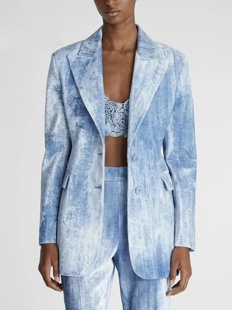 Newest Fashion Designer Suit Set Women's Tie Dye Printed Slim Mid Length Blazer  Long Pants Set 2PCS