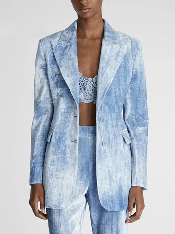 Newest Fashion Designer Suit Set Women's Tie Dye Printed Slim Mid Length Blazer  Long Pants Set 2PCS