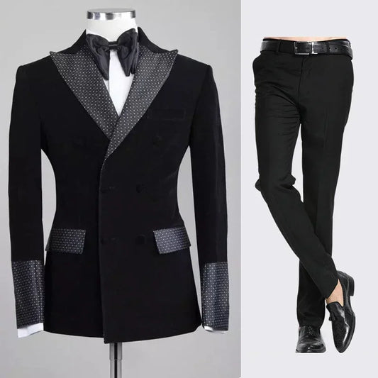 Slim Fit Dots Men Suits Dots Groom Tuxedos for Wedding Party Slim Fit 2 Pieces Black Velvet Smoking Blazer (Jacket+Pants)