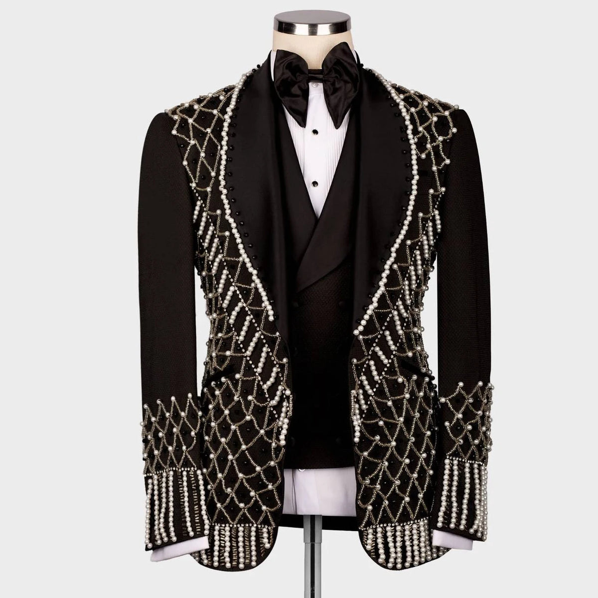 Exquisitos trajes de boda para hombre, conjunto de blazer con cuentas de cristales, esmoquin formal para novio, personalizado, negro, para banquete y fiesta, 3 piezas, vestido masculino