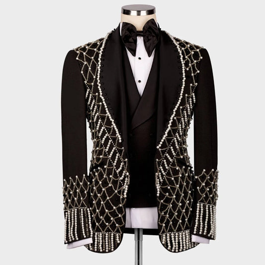 Exquisitos trajes de boda para hombre, conjunto de blazer con cuentas de cristales, esmoquin formal para novio, personalizado, negro, para banquete y fiesta, 3 piezas, vestido masculino