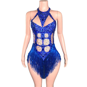 Sparkly Blue Rhinestones Sequins Fringes Bodysuit for Women Sexy Performance Dance Costume Singer Dancer Show Stage Wear