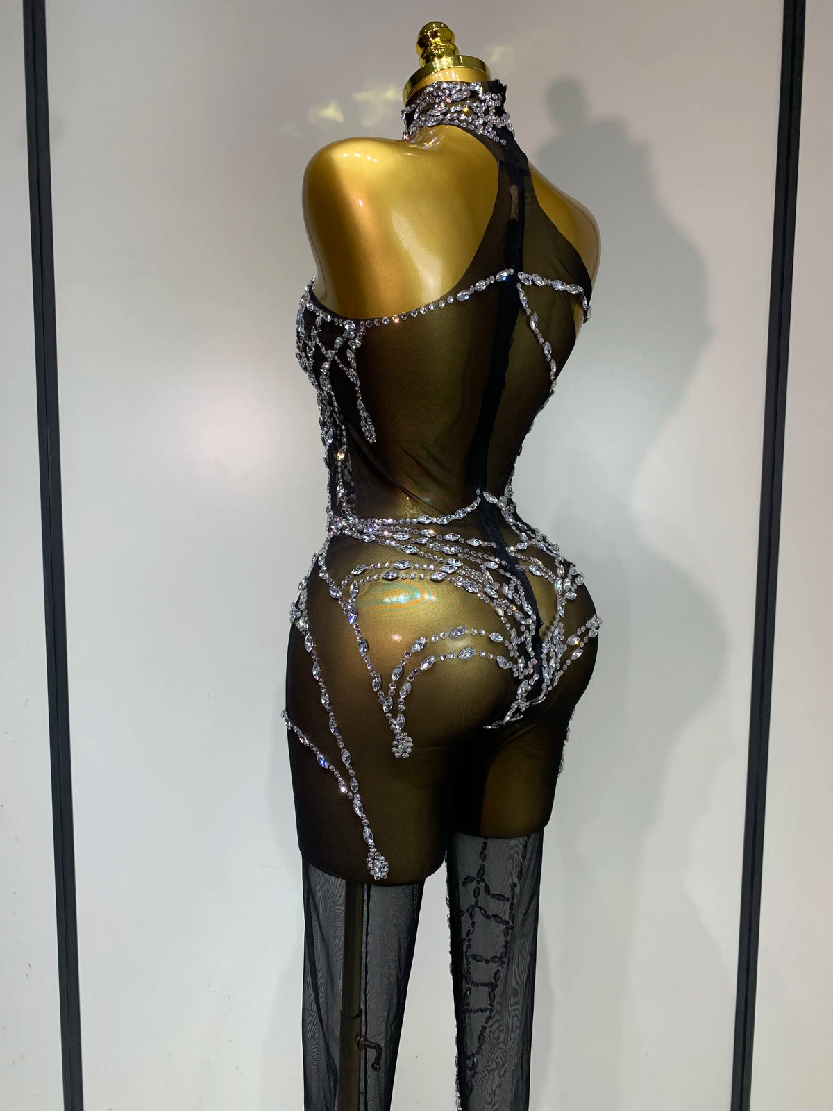 Sparkly Diamond Women Sexy Mesh Jumpsuit Nightclub Bar Party Show Gogo Dancer Clothing Drag Queen Outfit Stage Costume