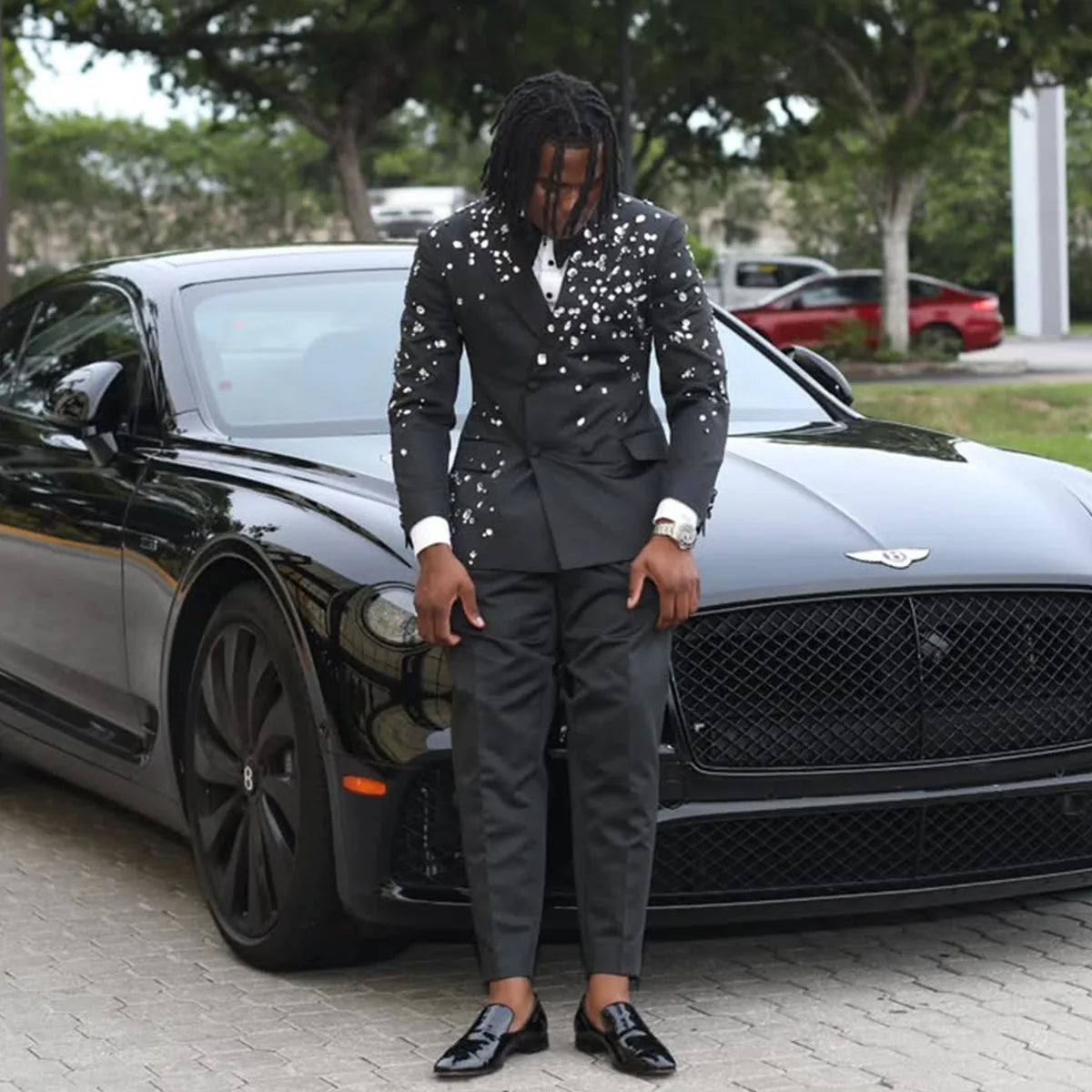 Customized Luxury 2 Pieces Sets Men Suits Diamond Wedding Groom Slim Fit Tuxedos Shiny Male Prom Blazers