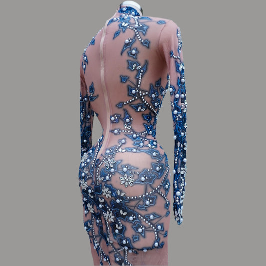 Women Long Sleeve Crystal Rhinestones Dress Mesh Sexy Singer Stage Outfits Evening Party Birthday Festival Drag Queen Costumes