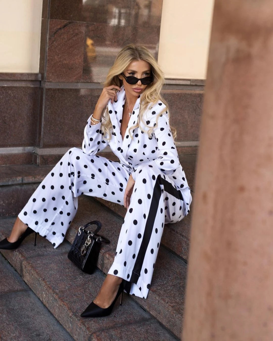 Polka Dot Women Suits V-Neck Peaked Lapel Uniform Formal for Female Evening Party Prom 2 Pcs Jacket with Pant