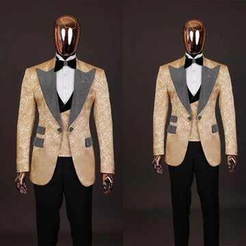 Gold Jacquard Men Suit Tailor-Made 3 Pieces Blazer Vest Black Pant Shiny Lapel One Button Business Wedding Groom Prom Customized