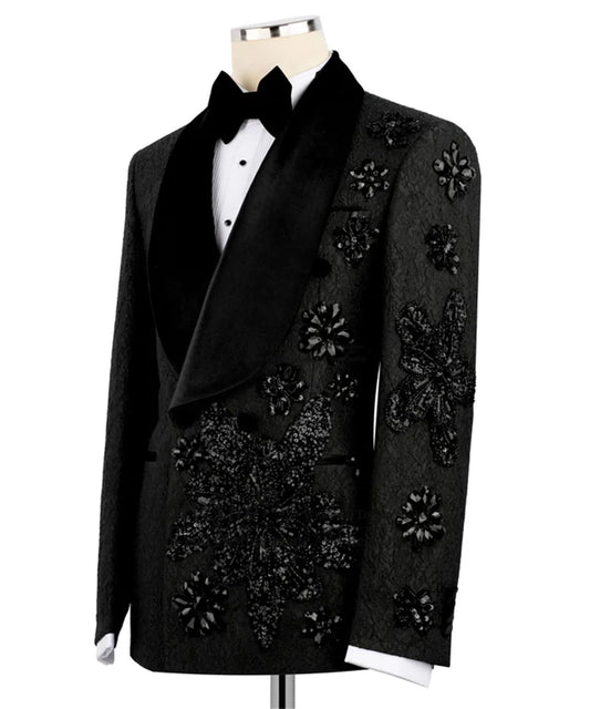 Fashion Jacqudrd Men Suits Hand-Embroidered Crystals Tuxedo Groom Wedding Customized 3 Pieces Sets Male Prom Blazers Ropa Hombre