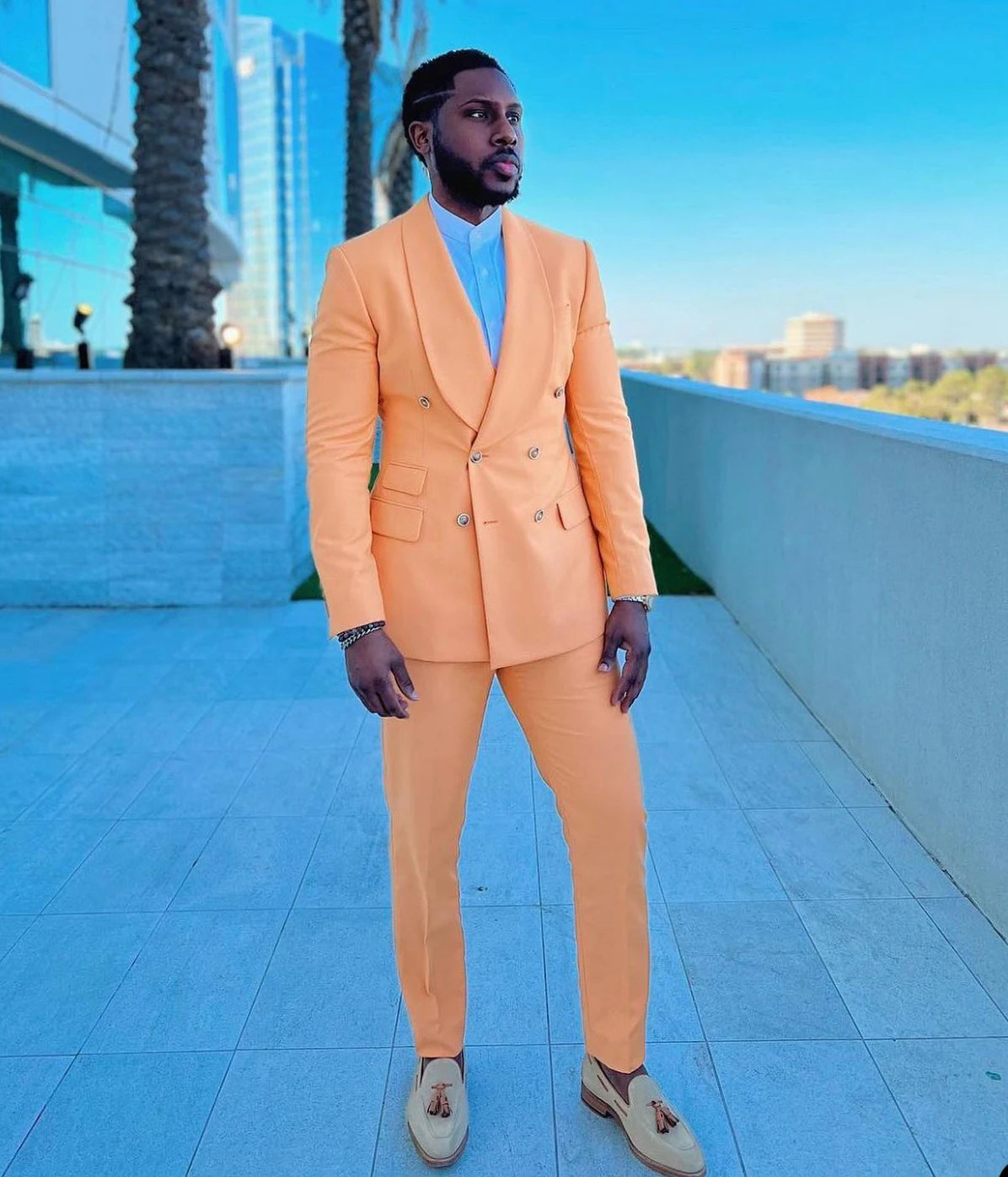 Smoking de mariage orange pour homme, coupe croisée, sur mesure, pantalon de bal, 2 pièces