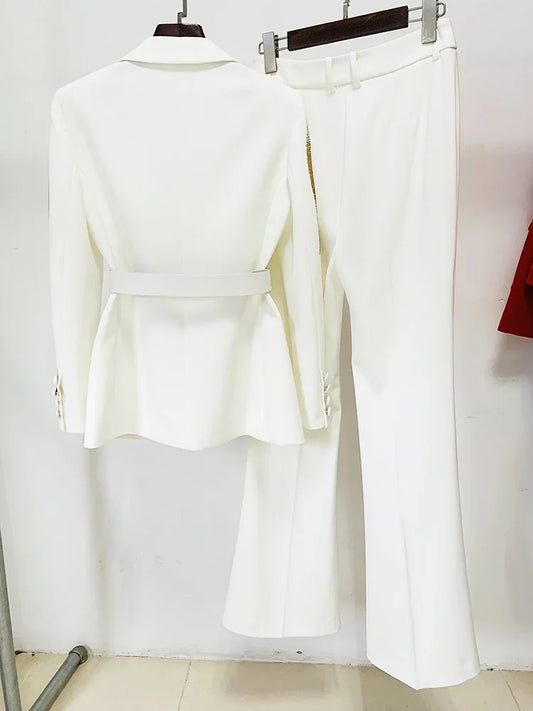 Fashion Designer Runway Suit Set Women's Colorful Diamonds Belted Blazer Flare Pants Suit 2pcs