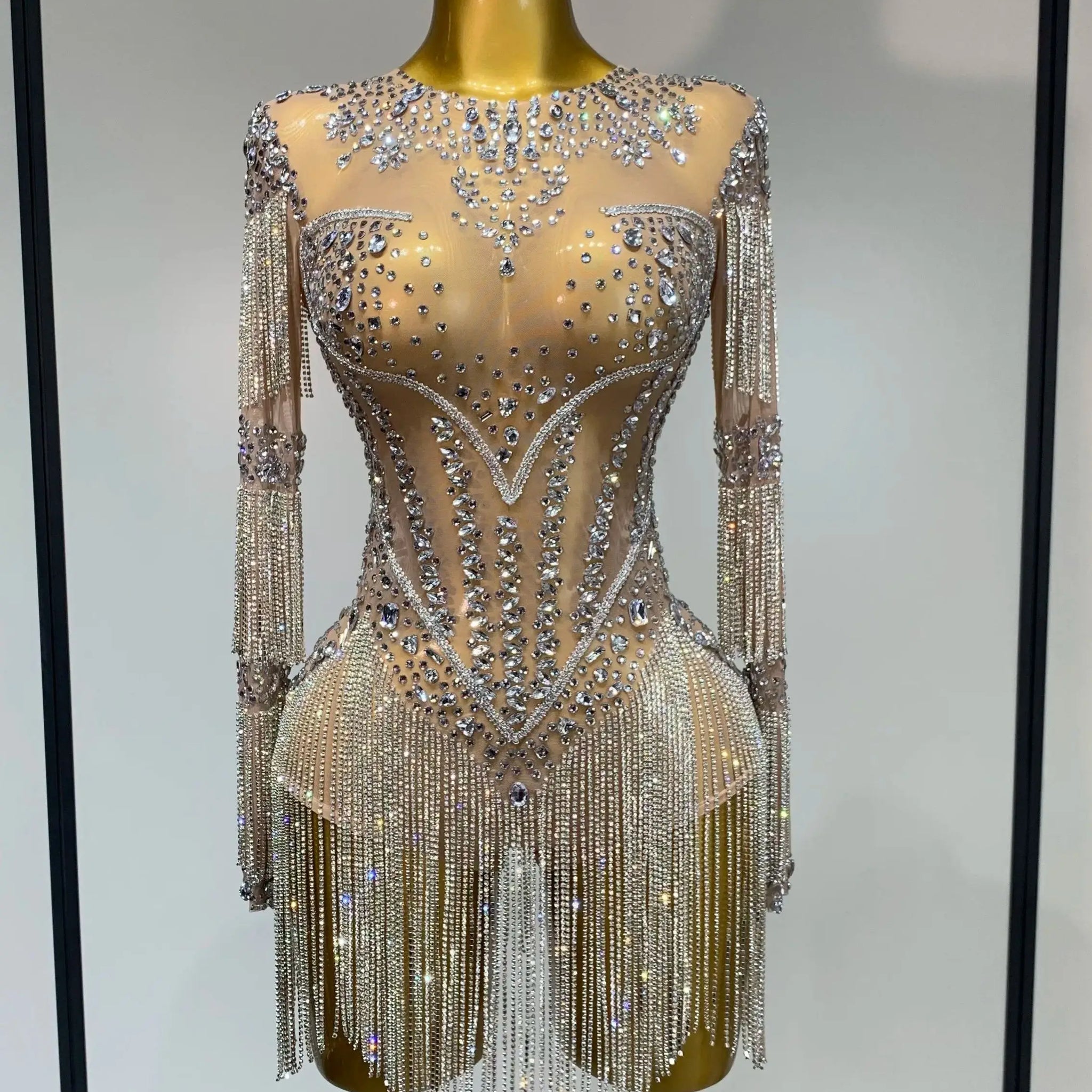 Combinaison sexy en maille transparente pour femme, tenue de scène, de danse, de discothèque, de chanteuse, avec strass scintillants, pour anniversaire
