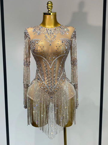 Combinaison sexy en maille transparente pour femme, tenue de scène, de danse, de discothèque, de chanteuse, avec strass scintillants, pour anniversaire