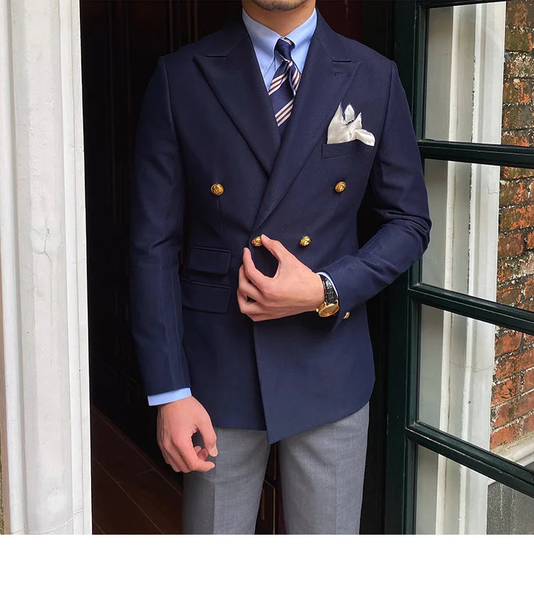 Blazer de estilo británico para hombre, traje ajustado de dos piezas con doble botonadura, color liso, informal y moderno.
