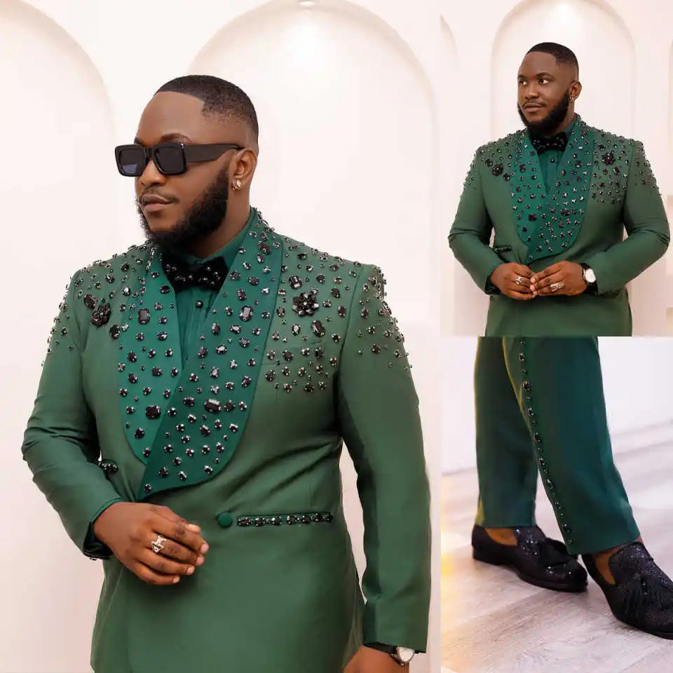 Luxurious Crystal Men Wedding Suits Shawl Lapel Tuxedos Groom Wear 2 Pcs Jacket with Pants Prom Evening Party Custom Made