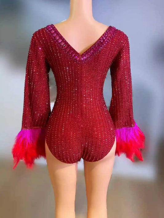 Sparkly Rhinestones Bodysuit Feathers Big Sleeve for Women Sexy Performance Dance Costume Singer Dancer Leotard Show Stage Wear