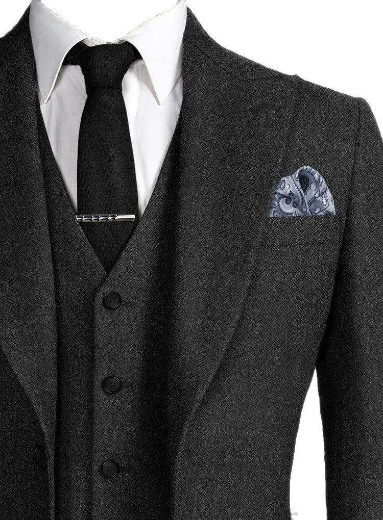 Mens Herringbone Suits 3 Pieces Wool Formal Groom Wear Work Business Customize Tuxedos Blazer Pants Vest for Wedding