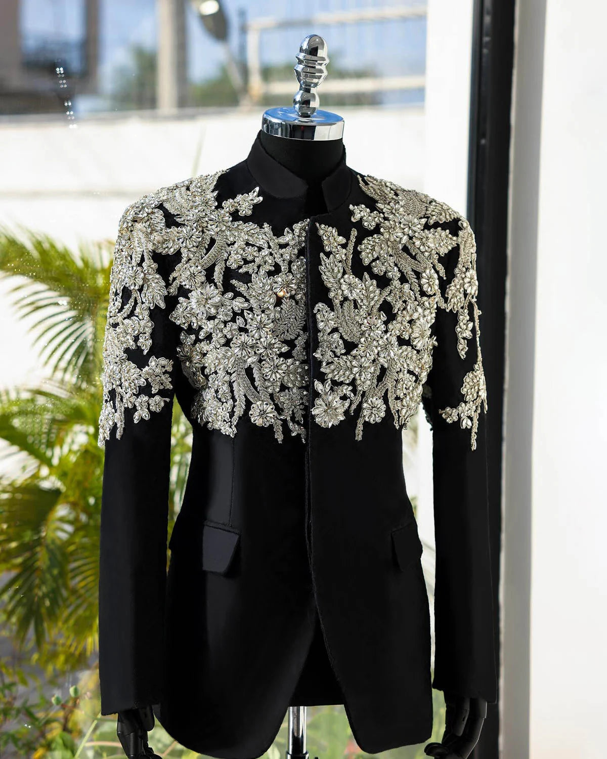 Exquisite Black Tuxedo for Men with Crystal Floral Appliqués | Custom-Made Wedding Suit Jacket and Pants Set for Grooms and Special Occasions