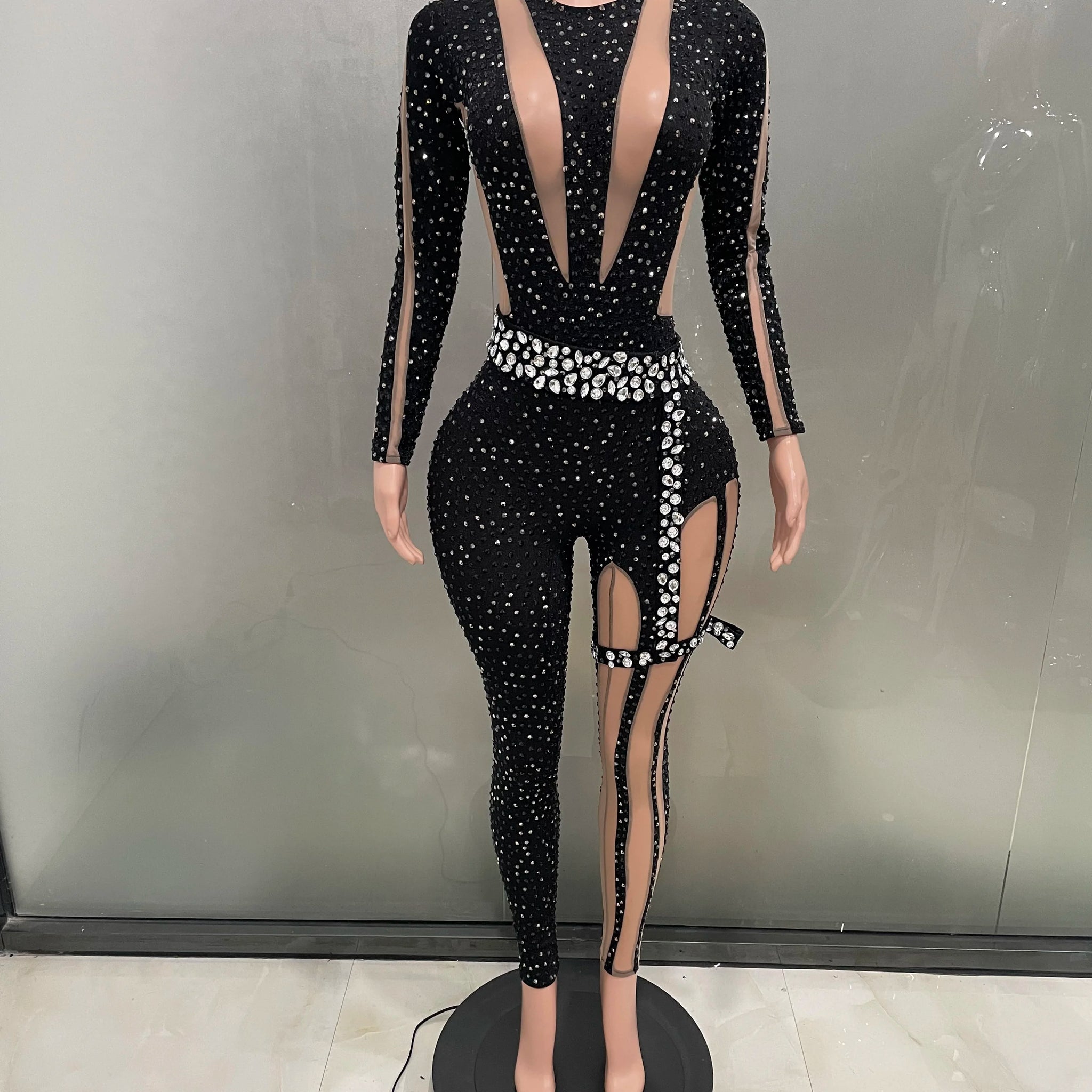 Sexy Sparkling Full Diamond Black Perspective Waist Cinching Asymmetrical Mesh Jumpsuit Party Nightclub Bar Performance Costume
