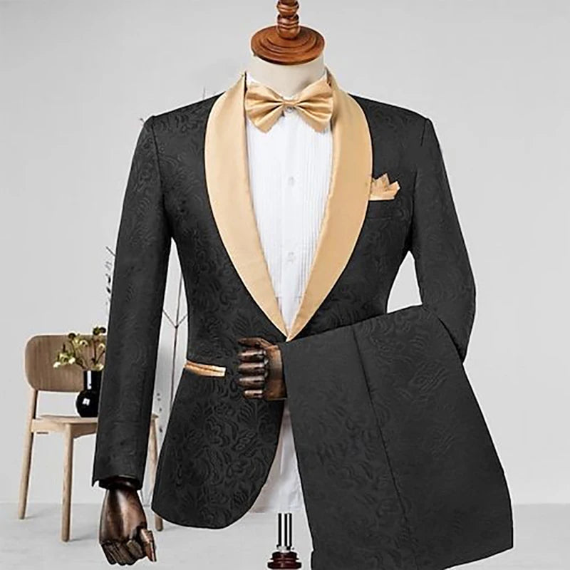 Costume homme 2 pièces en jacquard noir de luxe, un bouton, col châle, coupe slim, veste et pantalon, vêtements masculins de haute qualité Terno