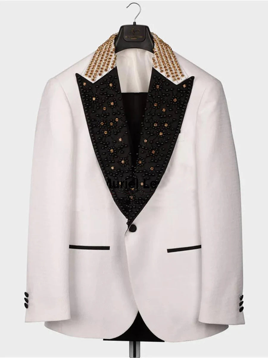 Luxury Handmade White Tuxedo with Black Peaked Lapel and Embellished Jacket, Stylish 2-Piece Suit for Weddings and Formal Events